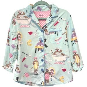 Nick & Nora Pajama Top Novelty Print Sock Monkey Loungewear Sleepwear Blue M